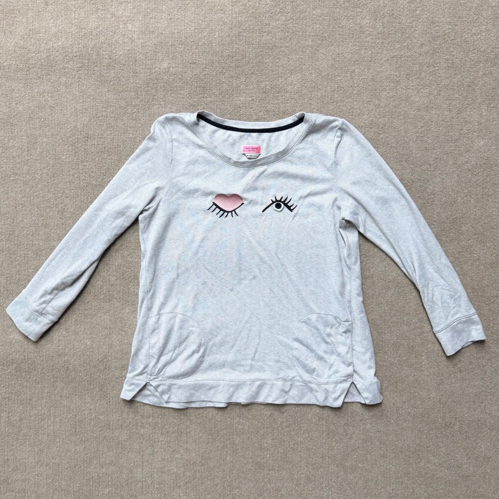 Kate Spade Womens M Gray Winking Eye Heart Long Sleeve Pocket T-Shirt Cotton